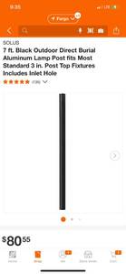 lot 15 image: SOLUS 7 ft. Black Outdoor Direct Burial Aluminum Lamp Post fits Most Standard 3 in. Post Top Fixtures Includes Inlet Hole ($80.55 Retail Value)