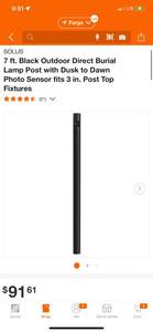 lot 21 image: SOLUS 7 ft. Black Outdoor Direct Burial Lamp Post with Dusk to Dawn Photo Sensor fits 3 in. Post Top Fixtures ($91.61 Retail Value)