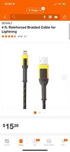 lot 24 image: DEWALT 4 ft. Reinforced Braided Cable for Lightning ($15.28 Retail Value)