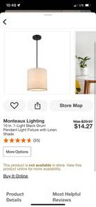 lot 41 image: Monteaux Lighting 10 in. 1-Light Black Drum Pendant Light Fixture with Linen Shade  ($14.27 Retail Value)