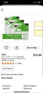 lot 69 image: HDX 16 in. x 20 in. x 1 in. Standard Pleated Furnace Air Filter FPR 5, MERV 8 (3-Pack) ($12.96 Retail Value)