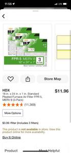 lot 74 image: HDX 18 in. x 24 in. x 1 in. Standard Pleated Furnace Air Filter FPR 5, MERV 8 (3-Pack) ($11.96 Retail Value)