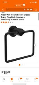 lot 75 image: Delta Nicoli Wall Mount Square Closed Towel Ring Bath Hardware Accessory in Matte Black ($19.20 Retail Value)