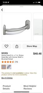 lot 77 image: MOEN Home Care 9 in. x 1 in. Screw Grab Bar with Corner Shelf in Brushed Nickel ($48.46 Retail Value)