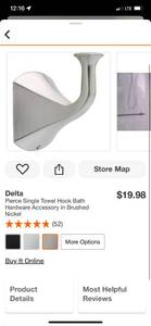 lot 79 image: Delta Pierce Single Towel Hook Bath Hardware Accessory in Brushed Nickel ($19.98 Retail Value)