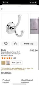 lot 89 image: Delta Cassidy Double Towel Hook Bath Hardware Accessory in Polished Chrome ($16.64 Retail Value)