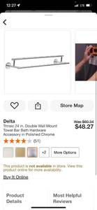 lot 90 image: Delta Trinsic 24 in. Double Wall Mount Towel Bar Bath Hardware Accessory in Polished Chrome ($48.27 Retail Value)