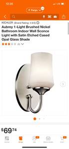 lot 95 image: KICHLER Aubrey 1-Light Brushed Nickel Bathroom Indoor Wall Sconce Light with Satin Etched Cased Opal Glass Shade ($69.74 Retail Value)