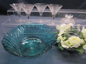 lot 131 image: Blue Bowl, Etched Stems, Candle Holders