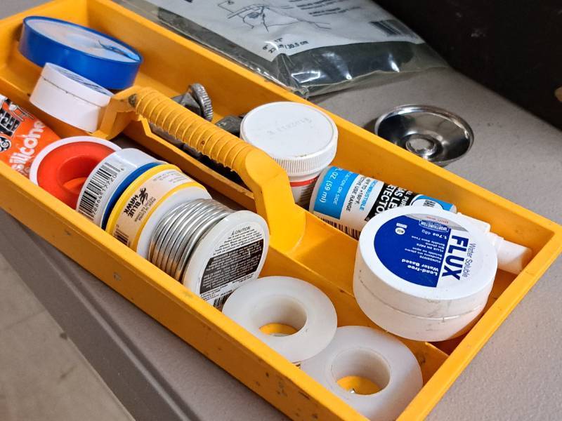 lot 333 image: 15 Plastic Tool Box with Tool Tray, Solder, Flux, Oatley Flame Protector, Misc. Tools