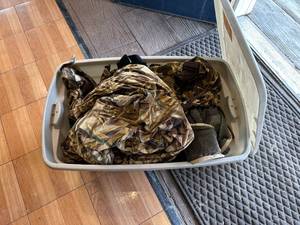 Box of Duck Hunting Clothing Including Jacket & Bibs