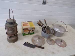 lot 174 image: Vintage Coleman Lantern, Heater, Pots and Knife