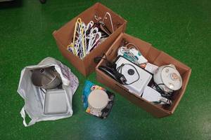 lot 225 image: Assorted Housewares - Pans, Irons, Roaster Oven, Recipe Cards