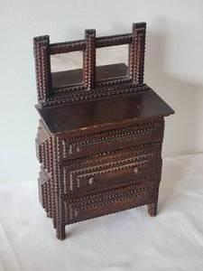 lot 14 image: Antique Furniture Showroom Sampler Models - Carved Arts & Crafts Dresser with Vanity Mirror & Bamboo Finish Chest with Marble Top