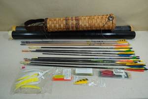 lot 10 image: Assorted Arrows, 2 Cases, Basket Weave Quiver, and Fletching