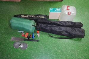 lot 100 image: Assorted Camping Gear - Water Bladder, Chairs, REI Sleeping Bag, Saw