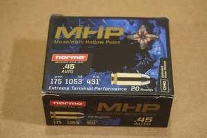 lot 119 image: 20 Norma MHP .45 Auto 175 Gr HP Defense Ammo