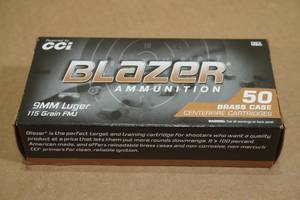 lot 137 image: 50 CCI Blazer Brass 9mm Luger 115 Gr FMJ Ammo