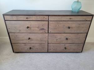8 Drawer Rustic Brown Reclaimed Pine Dresser with Brass Pulls.
