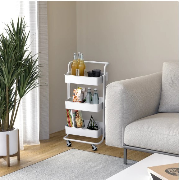 lot 335 image: NEW Seville Classics 3-Tier Steel Cart with Handle - White