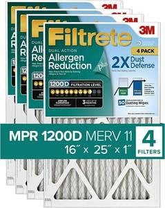 lot 350 image: Filtrete 16x25x1 Air Filter MPR 1200D MERV 11, Allergen Reduction Plus Dust, 4-Pack Filters (exact dimensions 15.69x19.69x0.81)