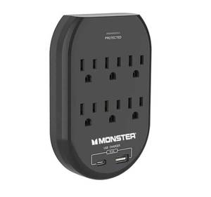 lot 720 image: MONSTER  6-Outlets, 1-USB Port and 1-USB-C Port Wall Adapter with Surge Protector - 1200 Joules - 15 A - Black