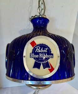 lot 60A image: Vintage Cobalt Pabst Blue Ribbon Beer  Hanging Pub Pool Table Light  Bar Lamp