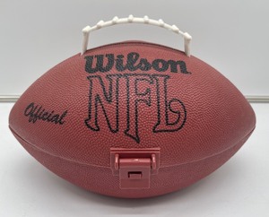 Vintage NFL Wilson official football shaped lunch box with water bottle.