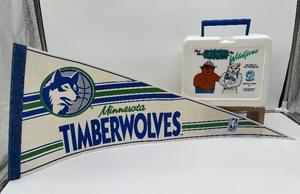 Timberwolves Smokey Bear Lunch Box, Felt Banner TW Official NBA Pennant 1980s First Logo.