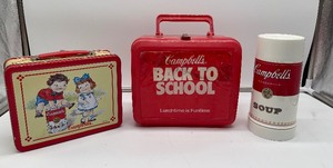 Plastic Aladdin Campbells Back to School & Thermos 1998 Tin Lunch Box.