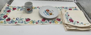 Berggren Varsa God Plates & Cup, Vintage Cloth Napkins & Runner
