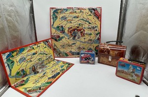 HOPALONG Cassidy Board  Annie Oakley Board  The Lone Ranger Tin Lunchbox  John Wayne Lunchbox