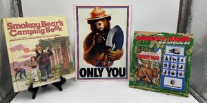 Smokey  Bear LOT - Tin Sign  Book  Stamp Kit