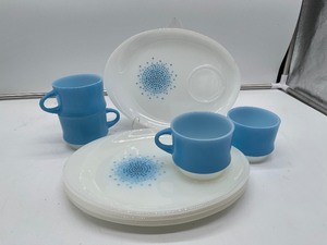 Vintage Fire King Blue Mosaic Snack Sets Plates Cups set of 4