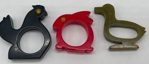 Lot of 3 BakeliteCelluoid Napkin Rings Napkin Holders Duck, Bunny, Rooster