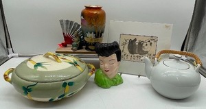 Bamboo Casserole Vintage Weil Ware, Vase made in Japan, teapot lot
