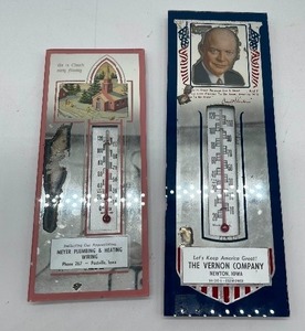 Two Vintage Advertising Mirrors with Thermometers Newton IA and Postville IA