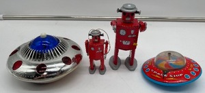 Japan Tin Litho V-15 Vintage Space Ship Flying Saucer, Tin Robot lot
