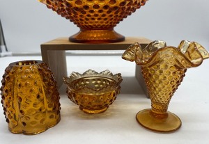 Amber Hobnail Glass Fairly Light Ruffle Vase Bowl