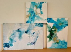 lot 71 image: Set of Three Aqua Abstract Art Prints