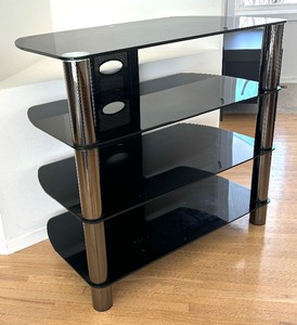lot 47A image: Sleek Chrome and Black Glass Media Stand  Shelf