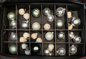 lot 203 image: Two Santas Bags Ornament Storage Cases with Ornaments