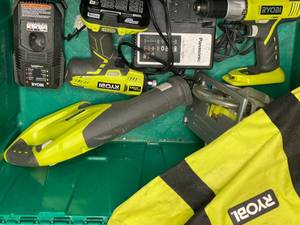lot 182 image: Ryobi Tools and Chargers and Bag (no Batteries)