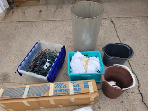 lot 110 image: Misc. Pails, Reinforced Film, Rags, Xmas Lights