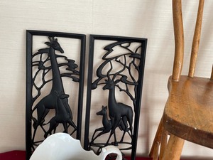 lot 283 image: Solid Wooden Chair, Large Water Picture, and 1960s Wooden Animal Pictures