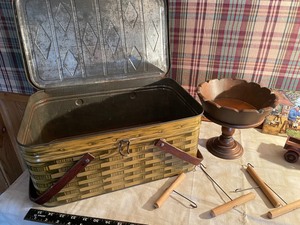 lot 277 image: Metal Picnic Basket & Pedestal Bowl - Primitive Farm Hooks - Carved Wood Truck