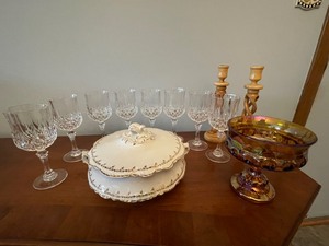 Entertainment Cluster with Wine Glasses, Handcrafted Candlesticks from Bethlehem, Candy Bowl