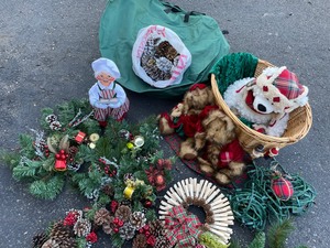 Holiday Collection of wreaths, lights, bear & storage bag