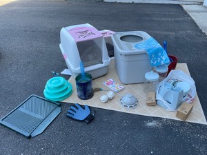 Cat Boxes, mat, water systems, toys, etc.