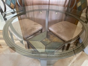 Glass Top Kitchen Table with MetalTile Base and 4 Metal Chairs